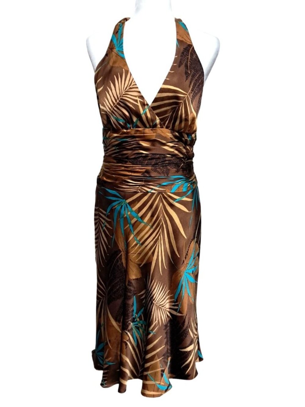 Jones New York Silk Halter Dress Womens Size 8 Brown Tropical Print Ruched Waist